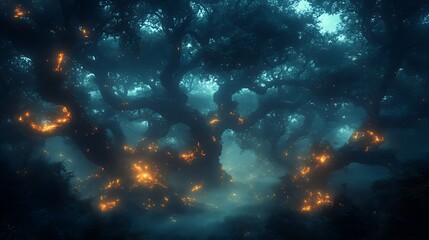 Obraz premium Glowing Forest Night Mystical Trees Fantasy Background