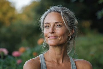 Mature caucasian female smiling outdoors in nature with soft background