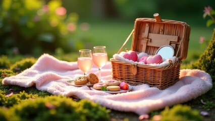 Romantic outdoor picnic setting with sweet treats and refreshing beverages on a soft pink blanket