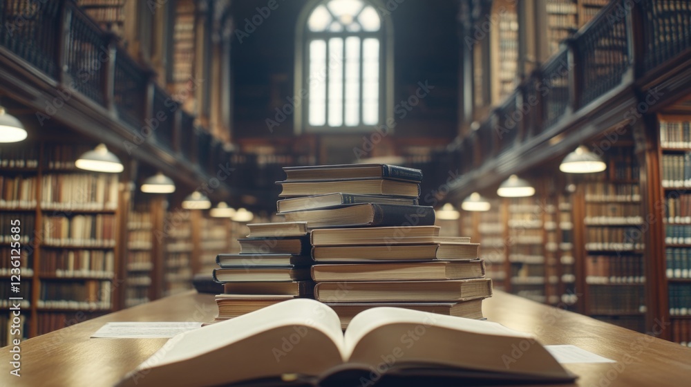 Poster a collection of books stacked neatly on a wooden table, hinting at the vast library collection await