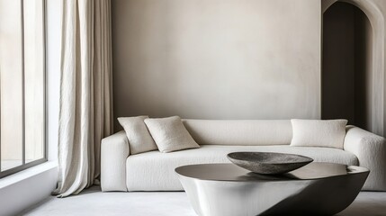 Minimalist Modern Living Room Interior Design with Beige Sofa and Sculptural Coffee Table