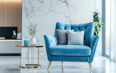 Modern Living Room with a Plush Blue Velvet Armchair, Stylish Cushions, a Sleek Coffee Table, and Elegant Gold Decor, Creating a Sophisticated Atmosphere