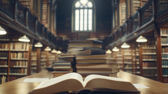 A collection of books stacked neatly on a wooden table, hinting at the vast library collection awaiting readers.