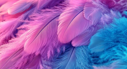 Obraz premium Feathers in macro photography with soft focus and an ethereal quality, set against a purple background, showcasing white feathers with a delicate texture, creating a dreamy atmosphere, high contrast