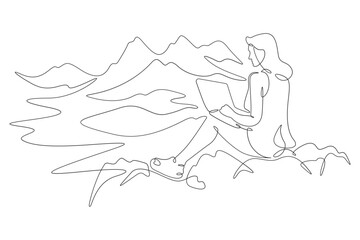 Continuous one line drawing woman with laptop sits in nature. Mountain landscape. Woman working on vacation. Tourism.Travel. One continuous line isolated minimal illustration.Not AI.