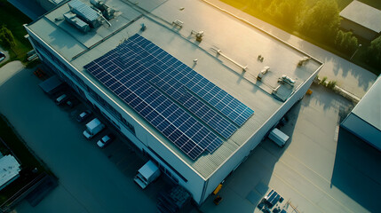 Fototapeta premium A team of engineers and technicians installing solar panels on the roof of an industrial building to increase energy efficiency and reduce carbon footprint.