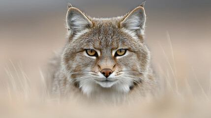Fototapeta premium Wild lynx stares directly forward while crouching in a dry grassy field during the daytime.