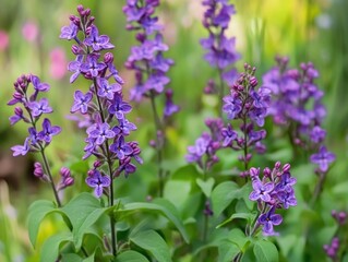 Obraz premium Beautiful purple lavender in bloom with green foliage. Perfect garden or rural landscape scene.