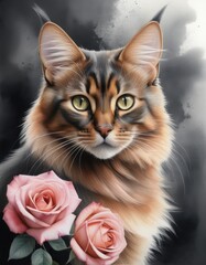 Majestic maine coon cat with roses against artistic background