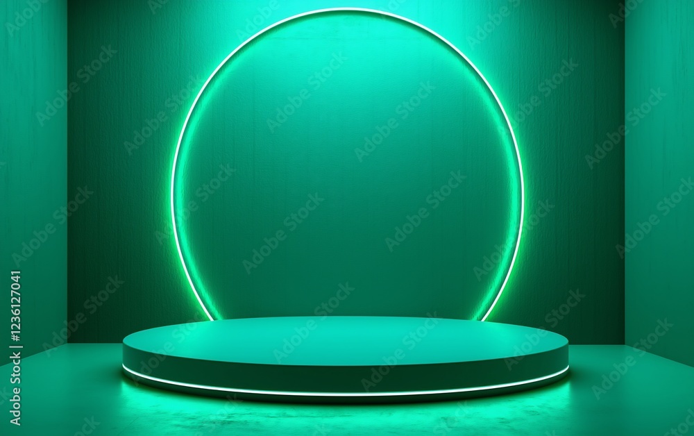 Aufkleber teal neon circle backdrop with a circular platform.