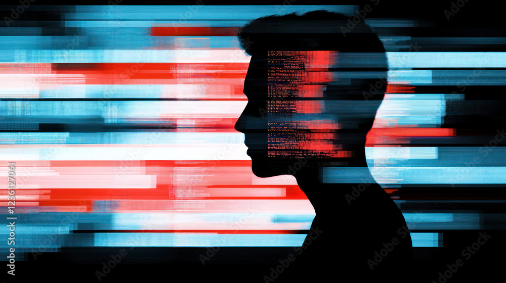 Poster hacker silhouette in dark room, surrounded by vibrant digital data streams