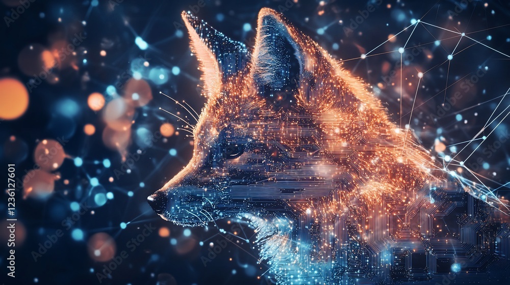 Poster Digital Fox Portrait with Circuitry and Glowing Lights on Dark Background