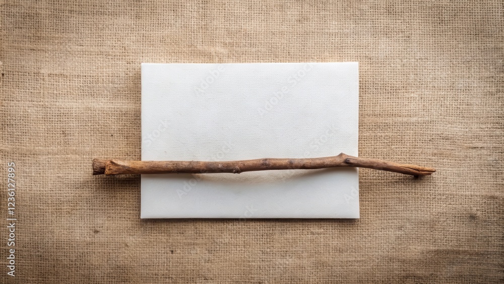 Aufkleber a simple, rustic still life featuring a white canvas and a weathered branch resting atop a burlap su
