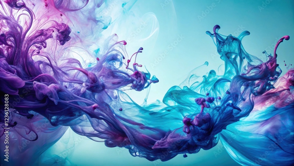 Poster abstract swirling colors in blue and purple ink, creating a dynamic and artistic composition