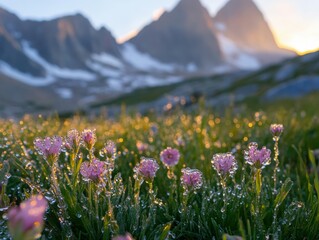 Obraz premium Morning dew glistens on wildflowers in mountain landscape