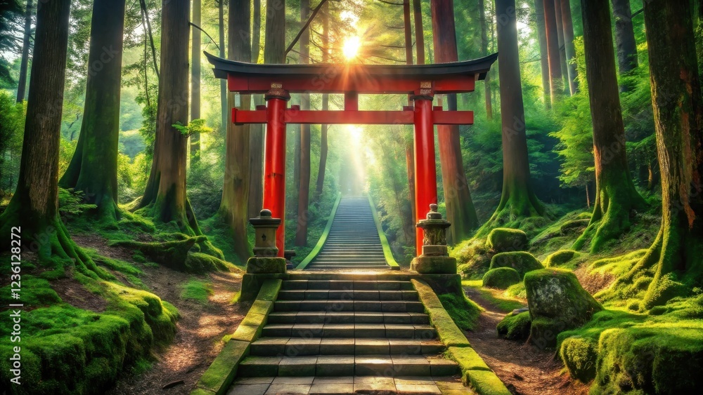 Poster a path to enlightenment sunlight filters through the canopy of a lush forest, illuminating a stone s