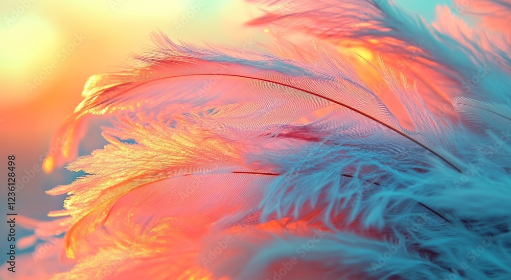 Poster soft pink tones and ethereal feathers with delicate light rays create an iridescent glow, enveloping