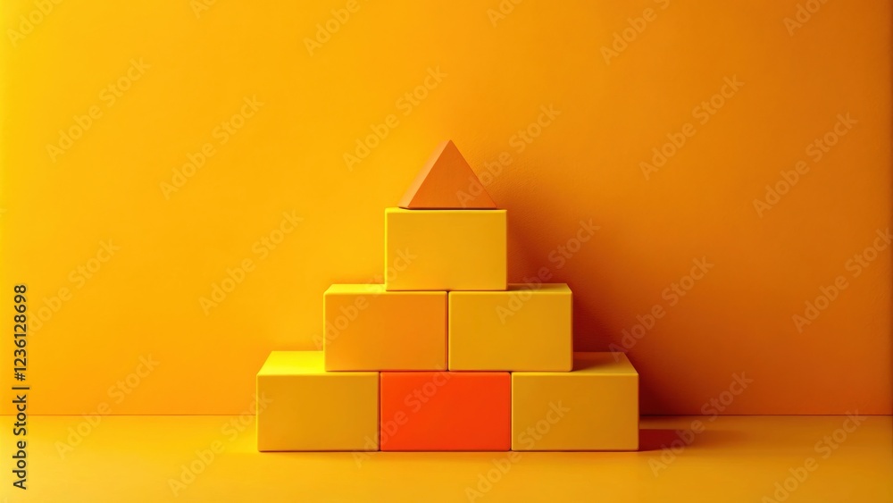 Poster a simple geometric composition featuring yellow and orange blocks, arranged in a pyramid shape on a 