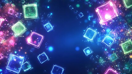 Glowing Neon Cubes Float In A Dark Blue Space