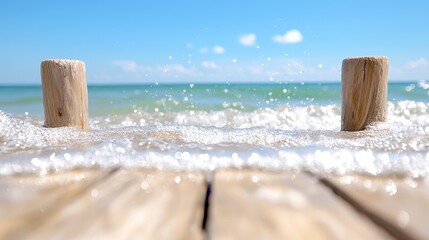 Ocean waves lapping wooden pier; sunny sky
