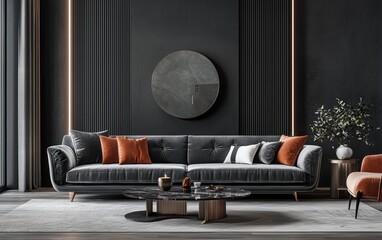 Modern living room with a luxurious velvet sofa, stylish cushions, and a sleek coffee table, creating a contemporary aesthetic