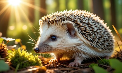 Adorable hedgehog exploring a sunlit forest floor