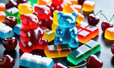 Colorful gummy bears and cherries on a dark background
