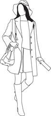 Monochrome fashionable line art of a woman wearing outerwear and accessories,depicting modern style and confidence while holding a bag.Suitable for themes on fashion,creativity,lifestyle publications.