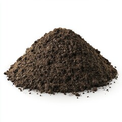 Pile of dark brown soil with tiny roots and organic textures, placed on a bright white background