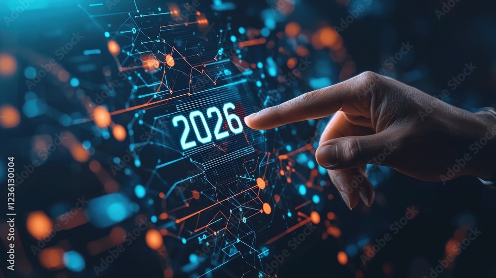 Poster interactive digital interface with holographic elements and a human hand engaging in futuristic tech