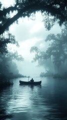 Person in boat on calm lake surrounded by trees with fog; suitable for travel blog.