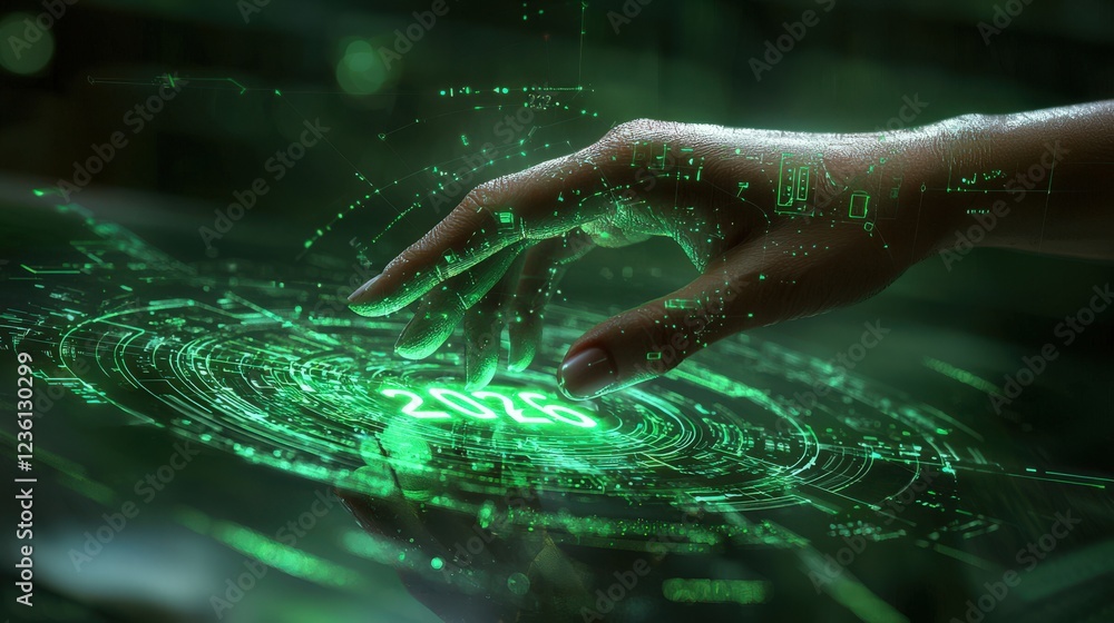 Aufkleber futuristic interaction with holographic interface displaying digital number in green glow