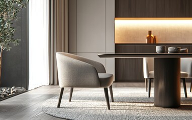 Modern dining space with a sleek upholstered chair, a minimalist dining table, and soft ambient lighting, creating a refined atmosphere