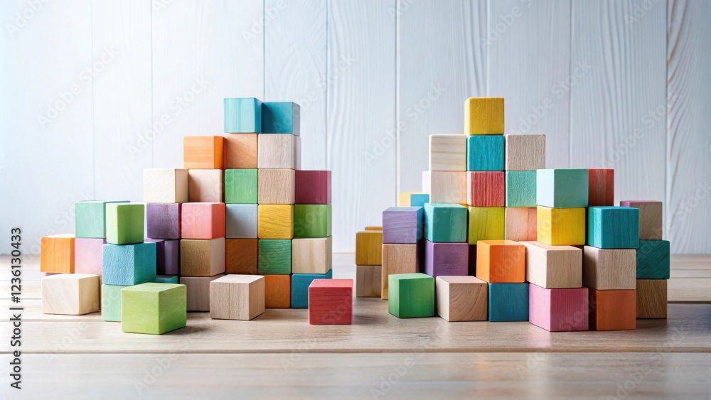 Aufkleber colorful wooden blocks arranged in geometric patterns on wooden surface