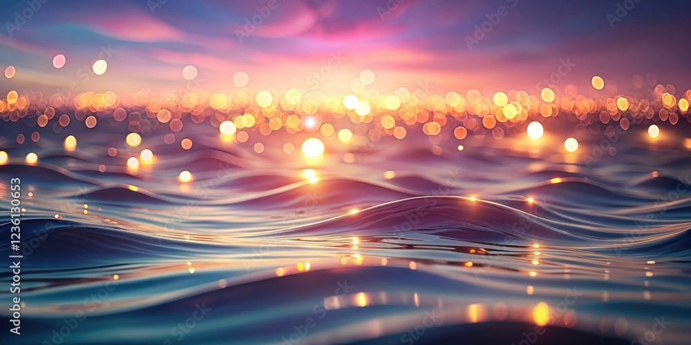 Poster a gentle ripple on the water's surface, illuminated by a warm glow of sunlight and bokeh lights