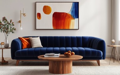 Modern living room with a deep blue velvet sofa, abstract paintings, and a minimalist wooden coffee table, designed for a stylish and cozy setting