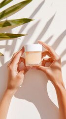 Female hands holding skincare jar against light background with plant shadows