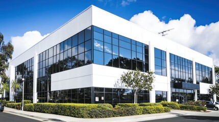 Modern office building sunny day, suburban setting, aircraft overhead