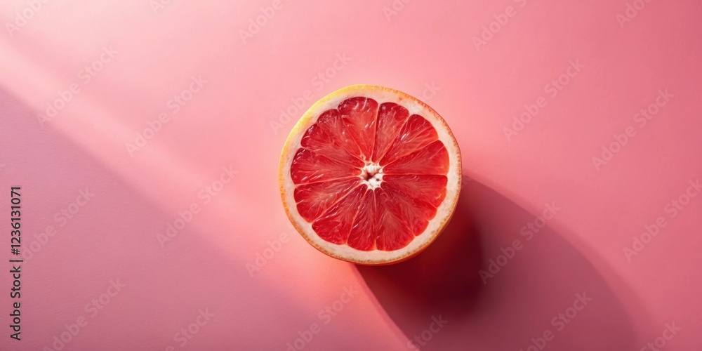 Poster a single grapefruit slice on a pink background, the fruit is sliced in half and the pink flesh is il