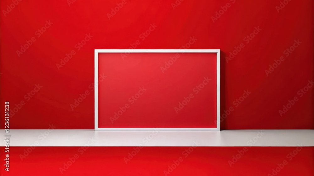 Aufkleber a white frame against a red wall with a white shelf in front of it