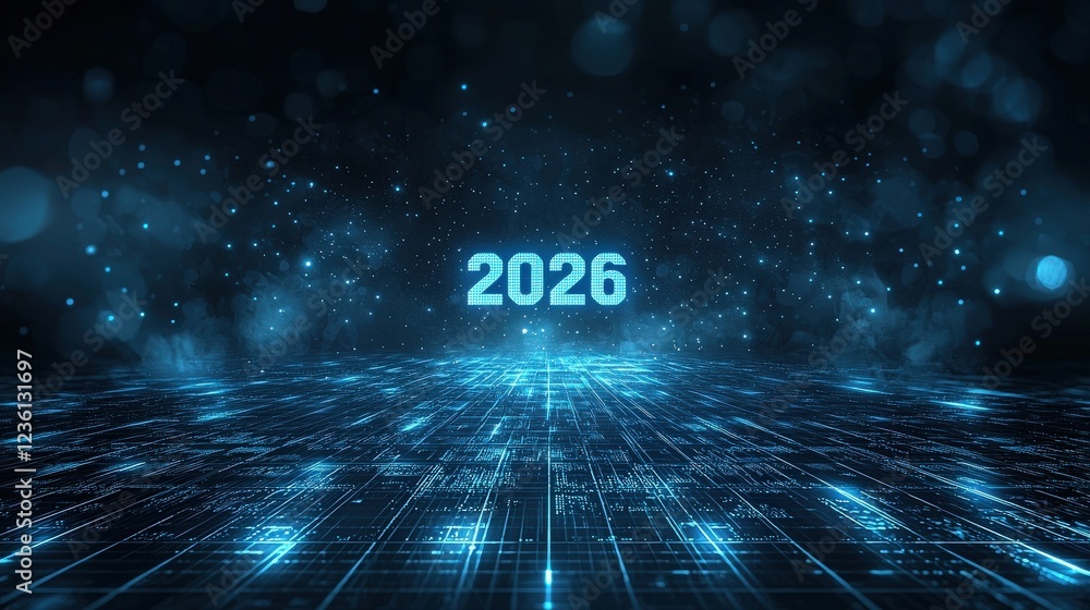 Aufkleber futuristic digital technology background with holographic elements and illuminated year 2026 in a hi