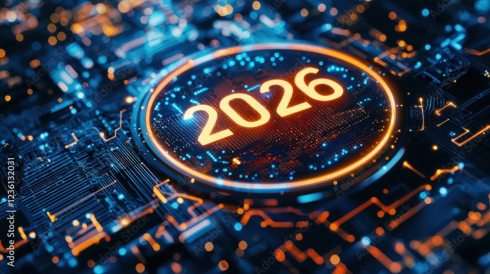 Poster futuristic digital background with hologram elements and year 2026 for technology concepts and innov
