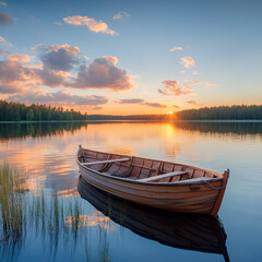 Obraz premium Tranquil Dawn: A lone rowboat rests serenely on a still lake, reflecting the vibrant colors of a breathtaking sunrise, painting a picture of peace.