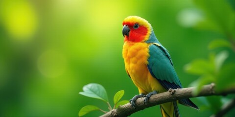 A Vibrant Sun Parakeet Perched on a Branch Amidst Lush Greenery, Displaying its Vivid Plumage and Striking Colors