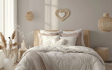 Modern Scandinavian bedroom with minimalist heart-themed decor and soft neutral tones for Saint Valentines Day and 8 March Womens Day, in a cozy and elegant interior