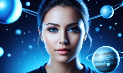 Naklejka premium Cosmic portrait: mysterious woman with planets in a celestial blue galaxy