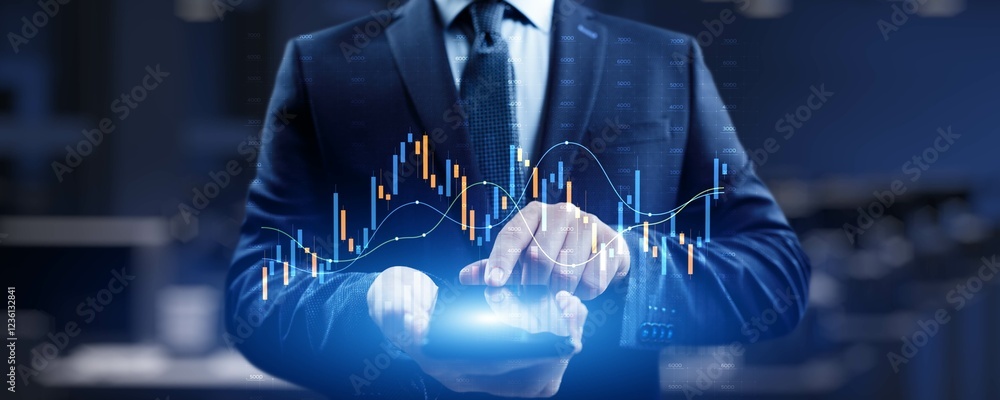 Poster advanced financial analysis and strategic decision-making with digital visualization.
