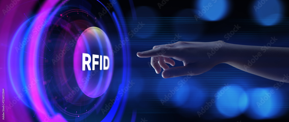 Poster rfid radio frequency identification. hands pressing button virtual screen.