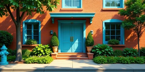 Fototapeta premium A charming residence with a vibrant teal front door, accented by lush landscaping and a fire hydrant.