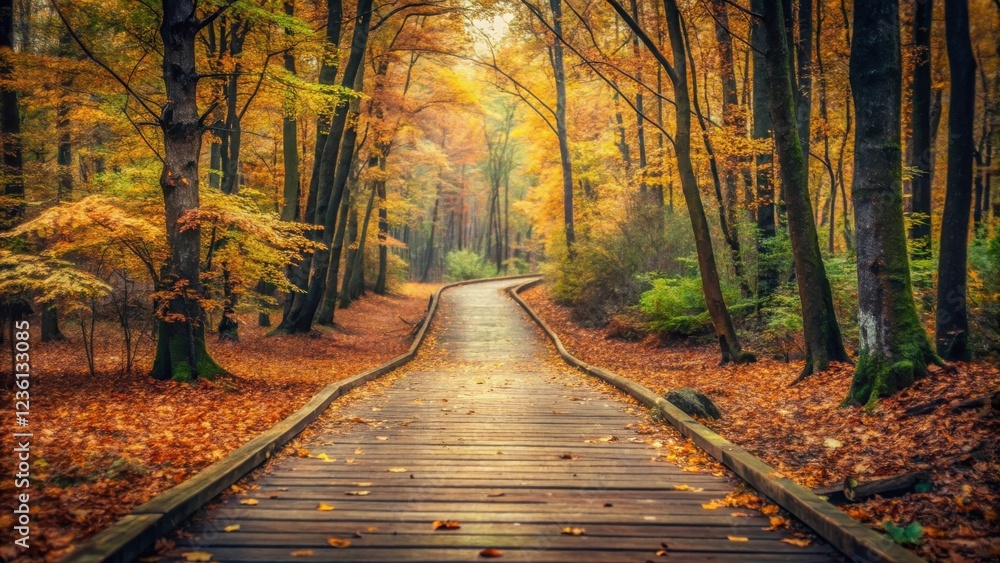 Poster a winding wooden path leads through a serene forest bathed in the golden hues of autumn, the soft li